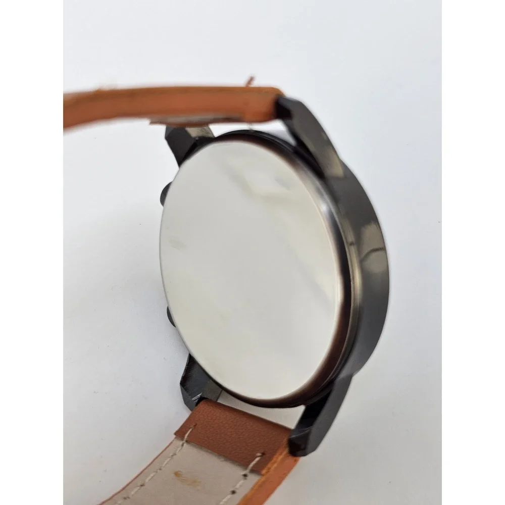 Men's Analog Watch 45MM Cream Dial Light Brown Faux Leather Bands New‎ Battery